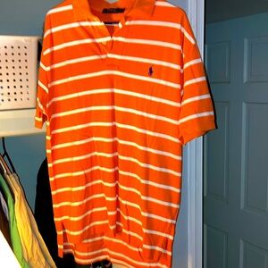 Orange with blue horse polo shit made by Ralph Lauren